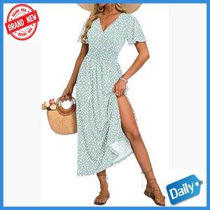 Women's Maxi Dress V Neck Flutter Sleeve Boho Summer with Pockets